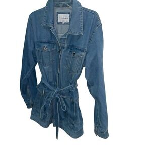 Women Denim Utility Jacket Belted Military Jean Coat Long Sleeve Blue Size‎ M